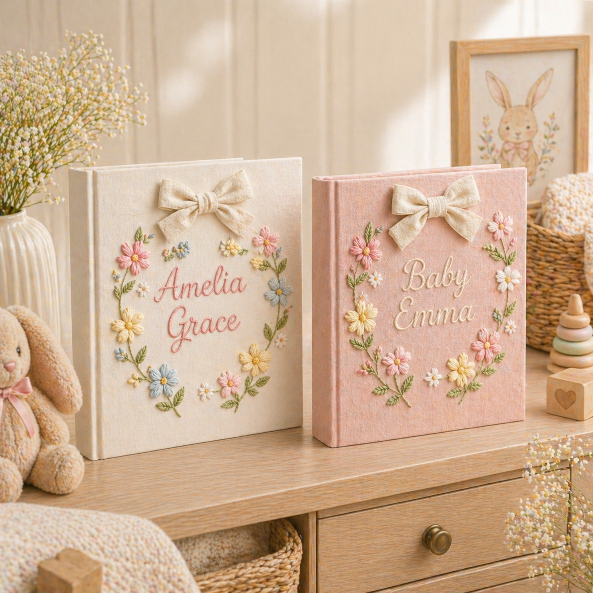 Personalized hand embroidered photo album featuring a floral name crest with pastel flowers and elegant bow on a pink linen cover