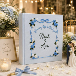 Personalized wedding photo album with blue floral embroidery ribbon border custom couple names and linen fabric cover