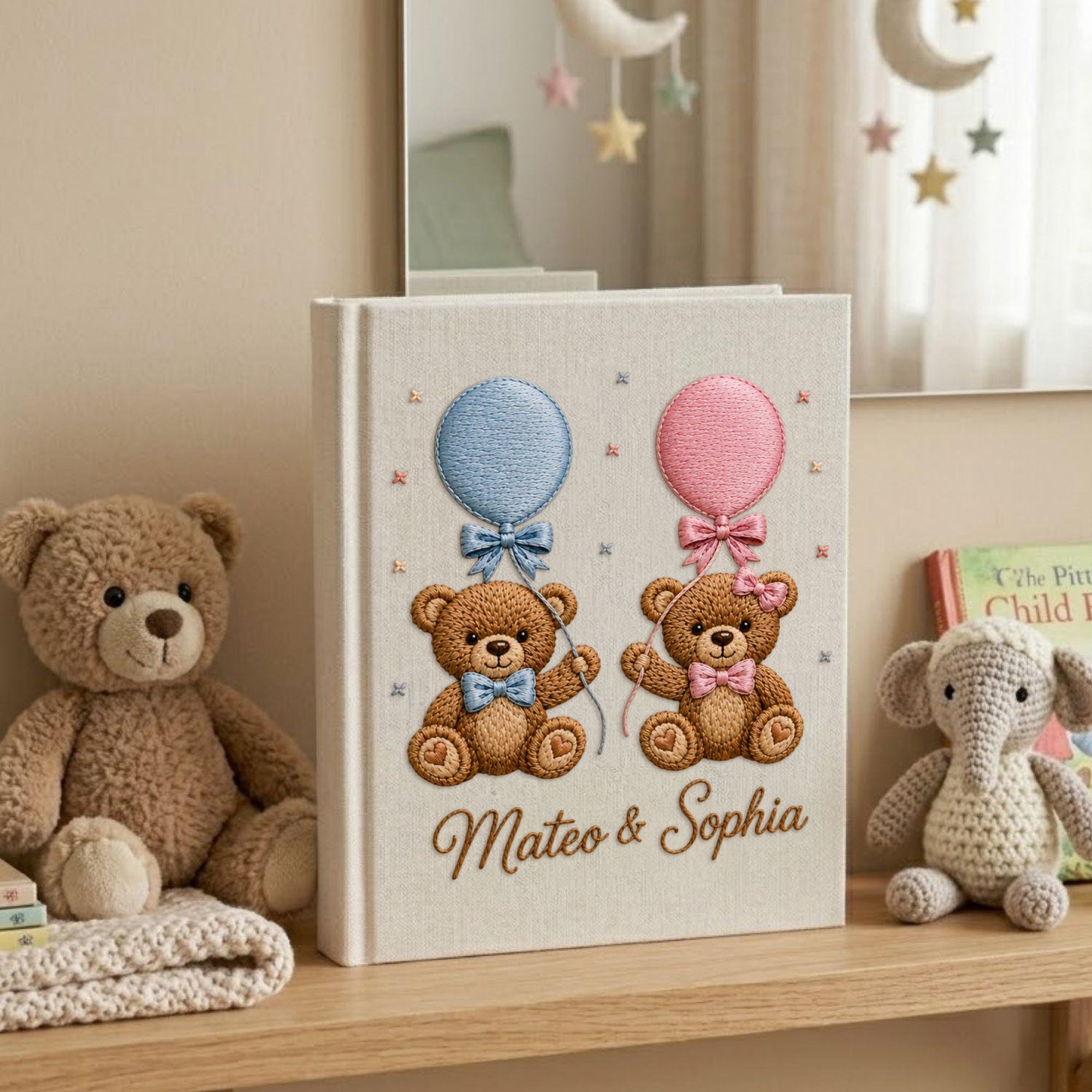 Personalized hand embroidered teddy bear photo album with pastel balloons custom baby keepsake memory book