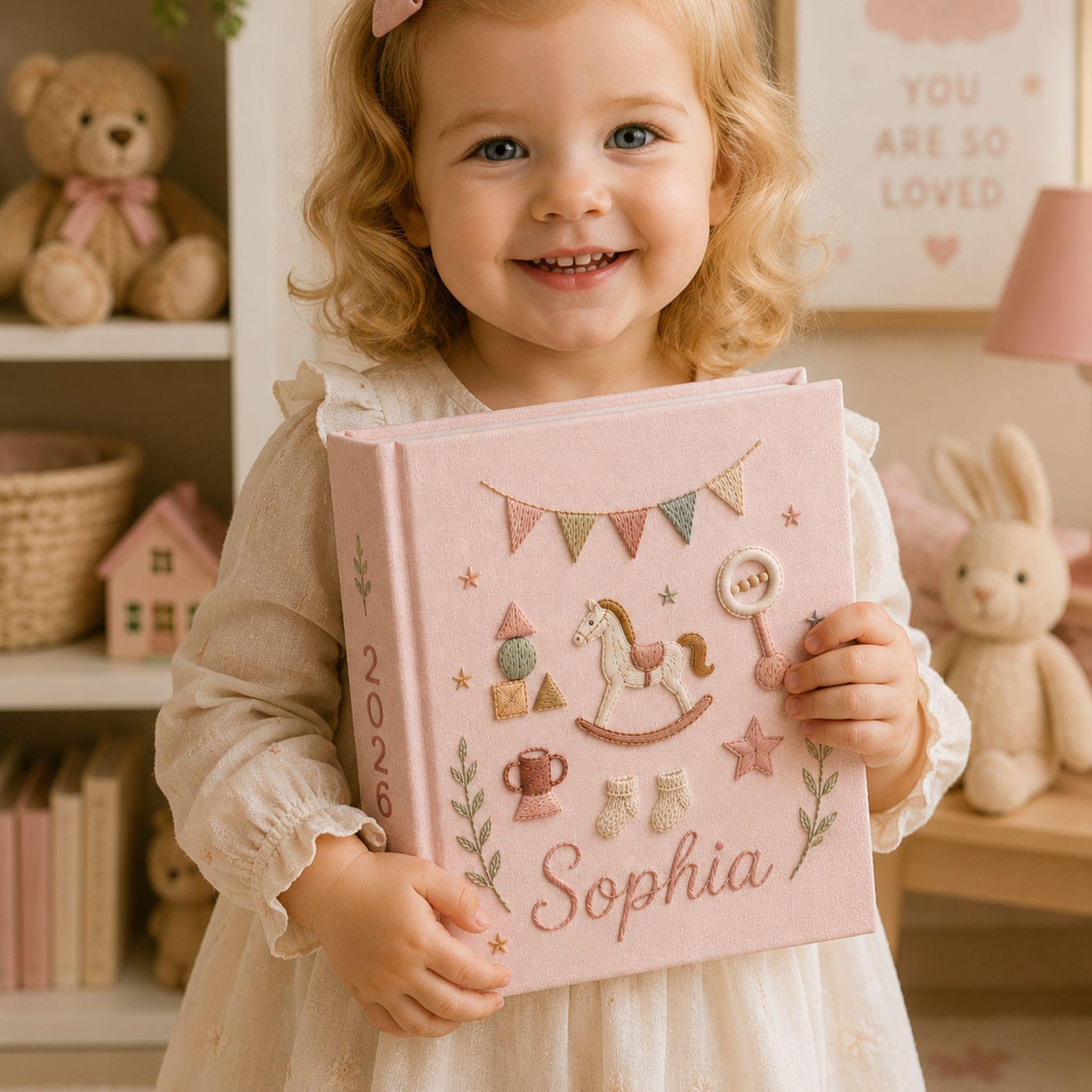 Personalized hand embroidered baby photo album with rocking horse, baby rattle, bunting flags, and vintage nursery toys