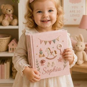Personalized hand embroidered baby photo album with rocking horse, baby rattle, bunting flags, and vintage nursery toys