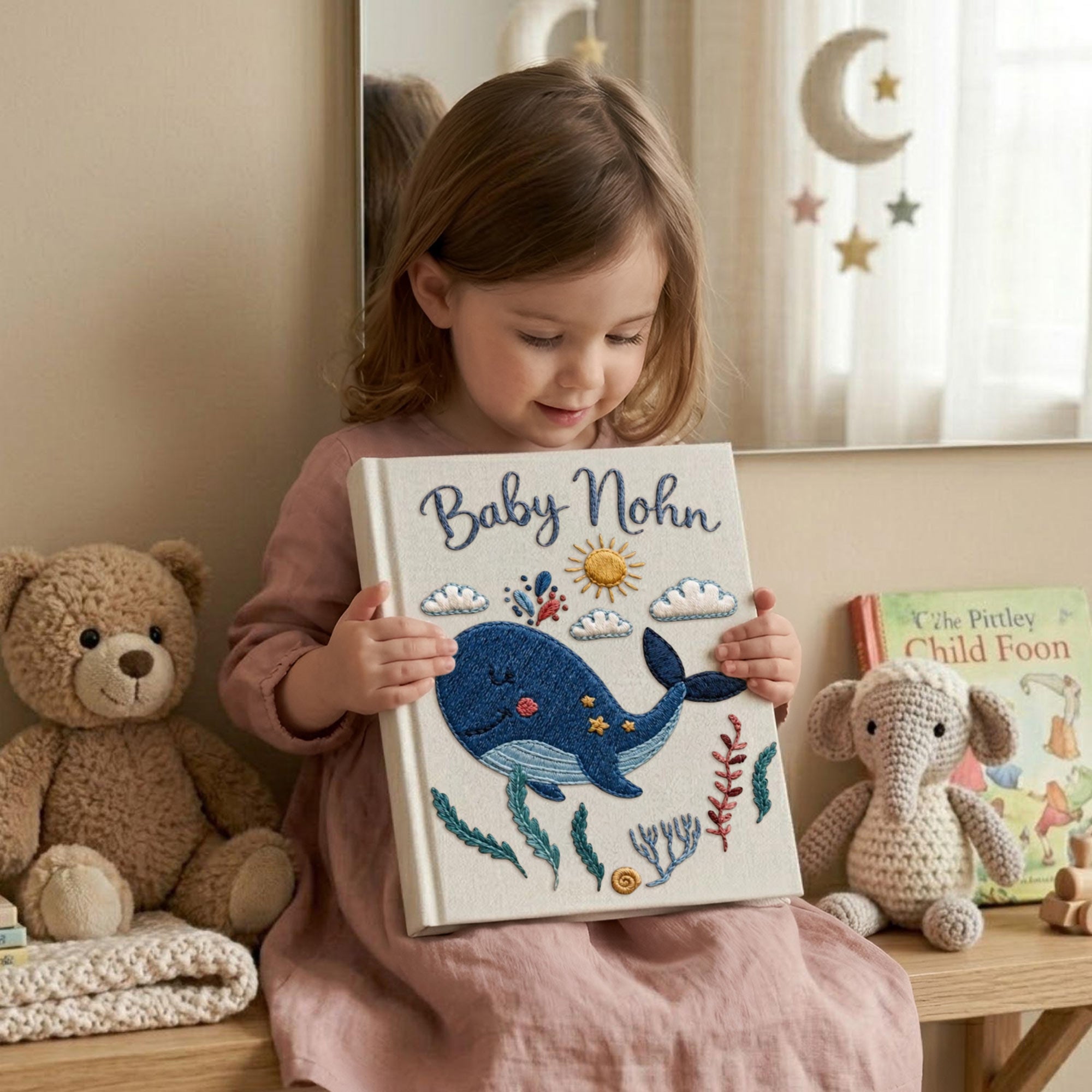 Personalized embroidered baby photo album with smiling whale, ocean plants, clouds, sunshine, and custom name embroidery