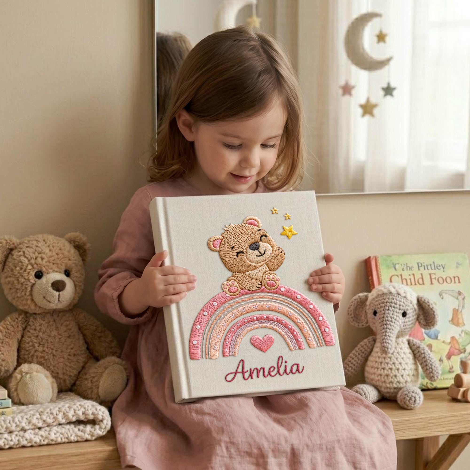 Personalized hand embroidered baby photo album featuring teddy bear sitting on pastel rainbow with stars and heart accents