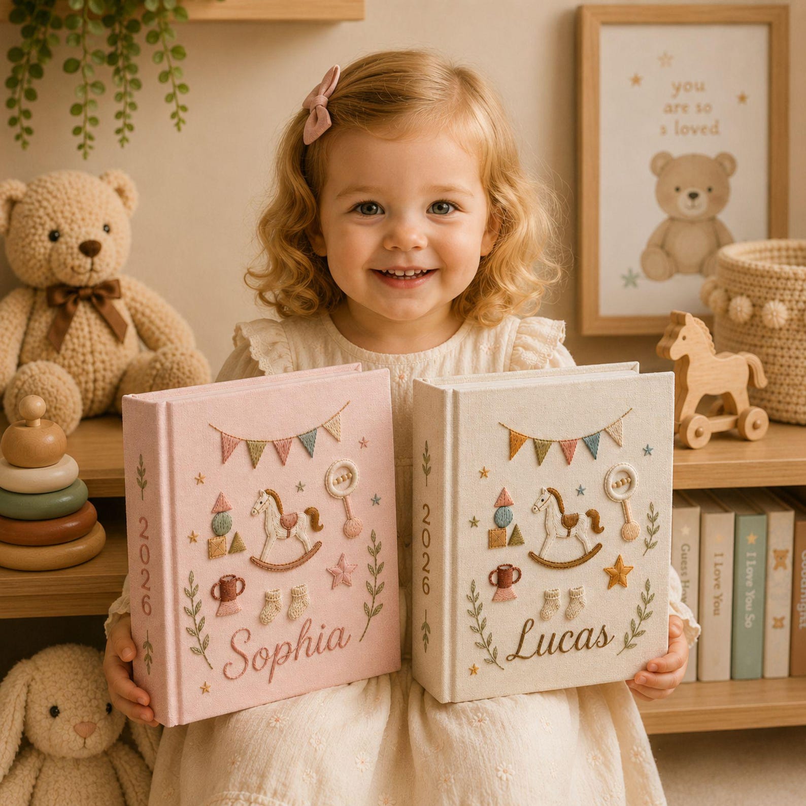 Personalized hand embroidered baby photo album with rocking horse, baby rattle, bunting flags, and vintage nursery toys