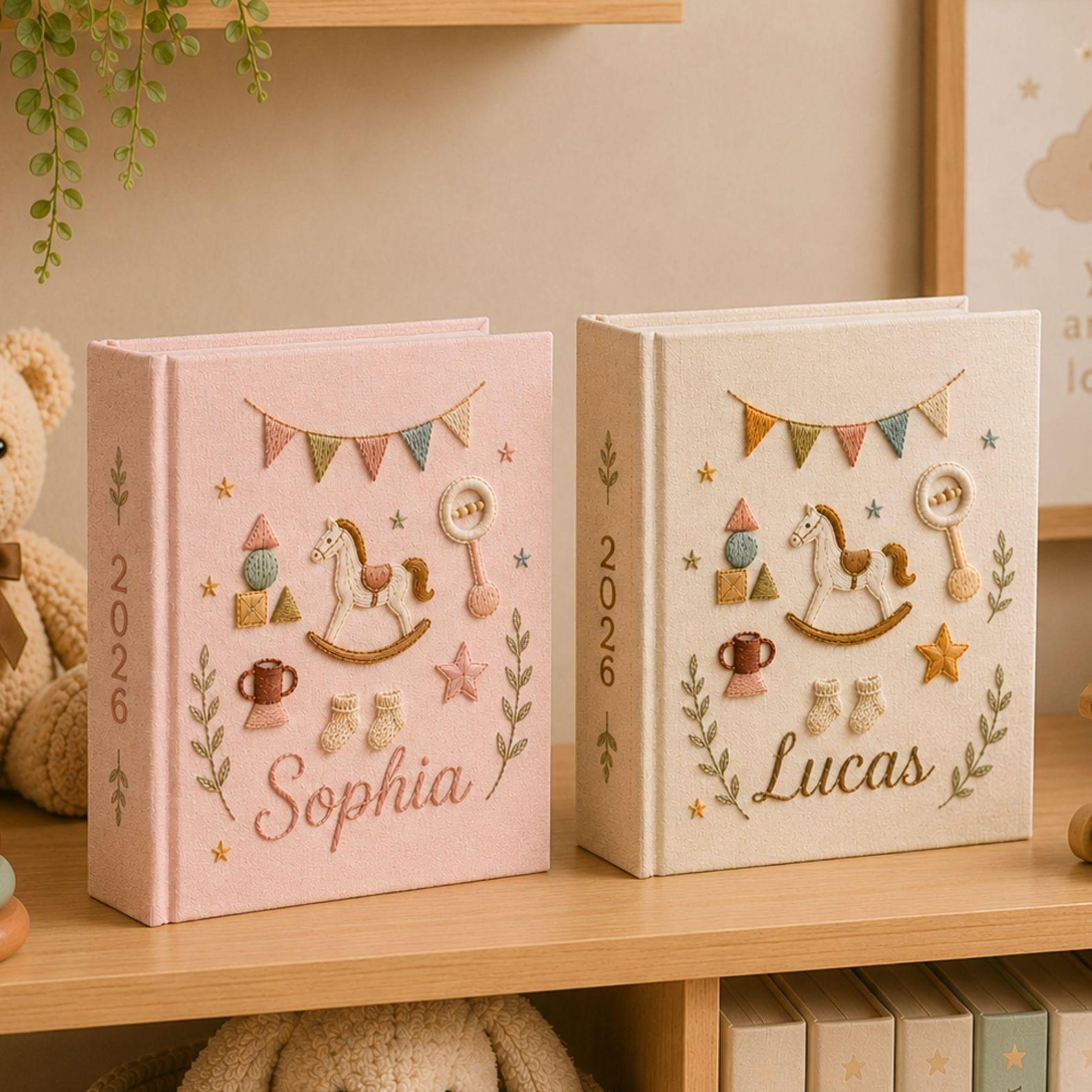 Personalized hand embroidered baby photo album with rocking horse, baby rattle, bunting flags, and vintage nursery toys