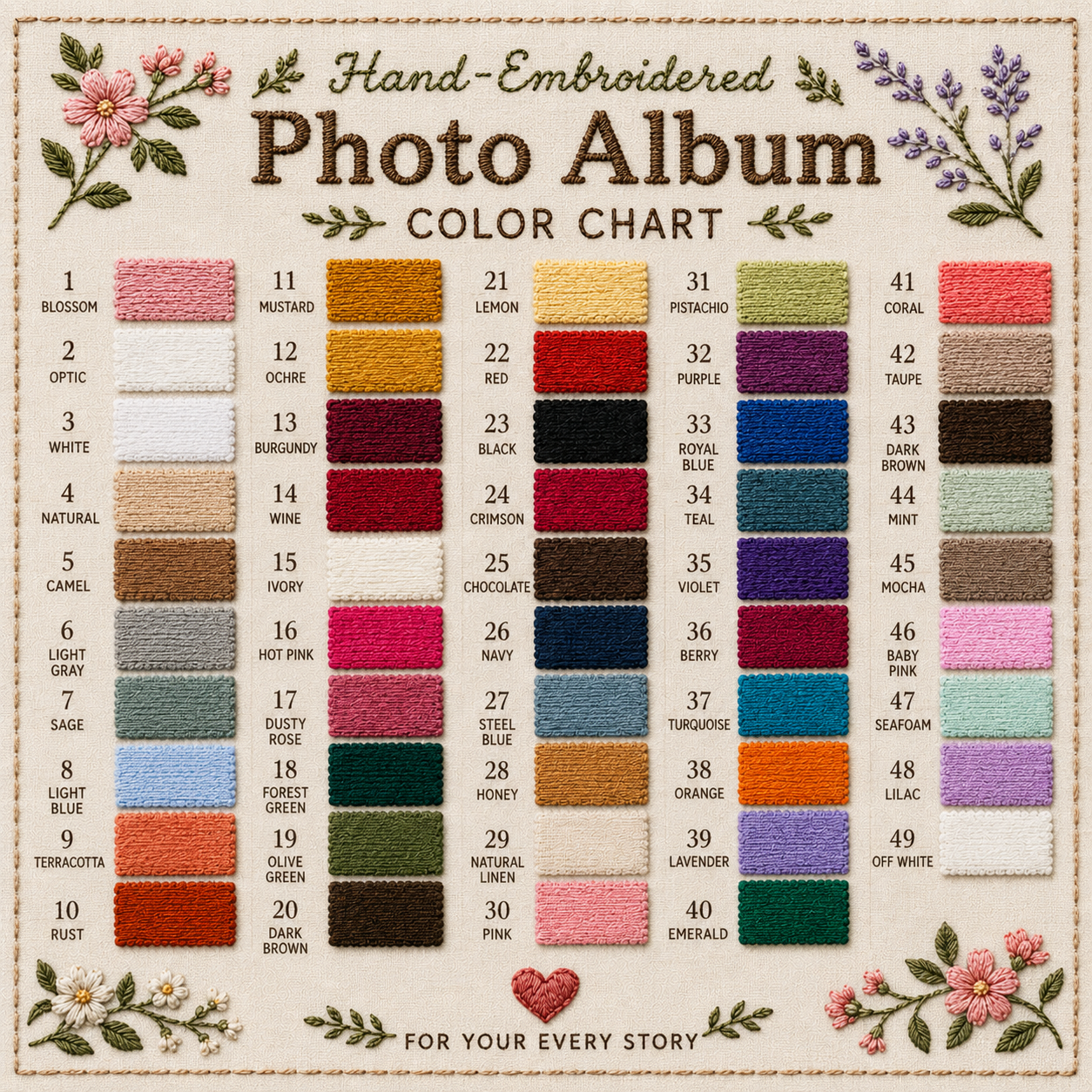 Personalized lavender embroidered wedding photo album with custom names, wedding date, floral wreath embroidery, and linen hardcover design