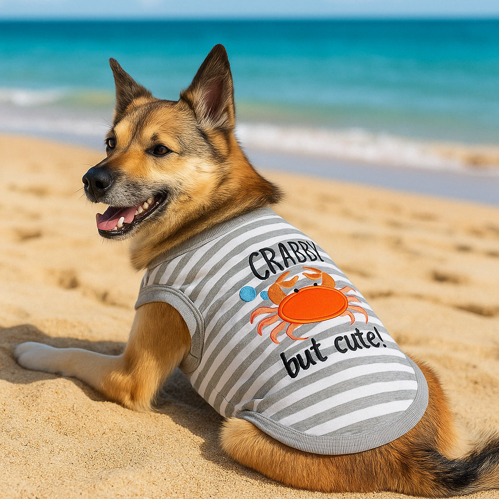 Parisian Pet 'Crabby But Cute Tee' Embroidered Dog Shirt - Trendy Pet Apparel for Dogs & Cats, Gray and White Stripes