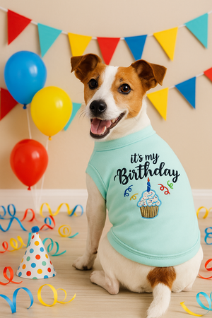 Parisian Pet 'Birthday Boy' Fun Slogan Dog T-Shirt –Premium Embroidered Celebratory Clothing for Dogs & Cats, Blue