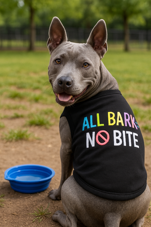Parisian Pet 'All Bark No Bite' Embroidered Dog T-Shirt – Funny Slogan Pet Apparel for Dogs & Cats, Black