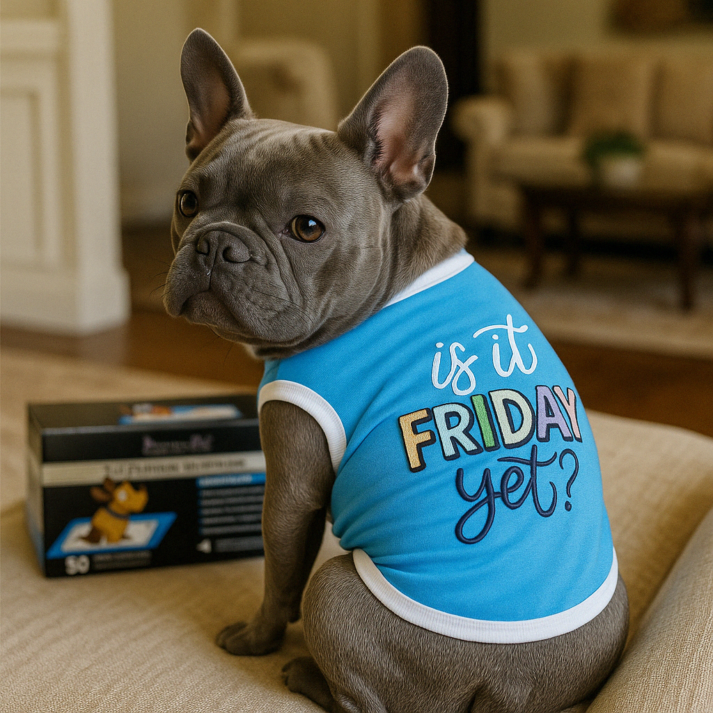 Parisian Pet 'Is It Friday Yet?' Embroidered Dog T-Shirt – Trendy Weekend Dog Apparel for Dogs & Cats, Light Blue